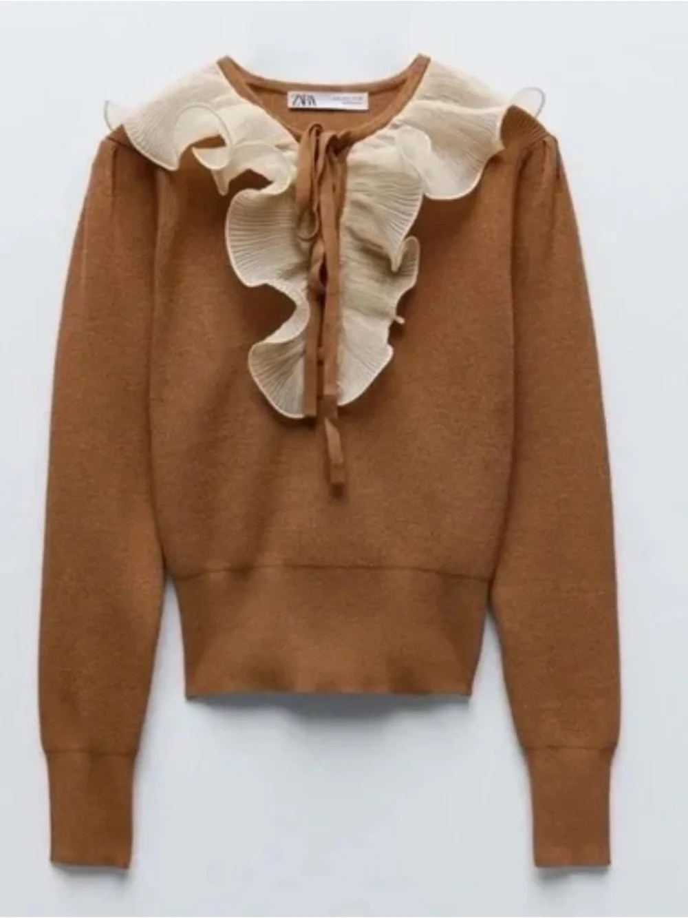 DONATED - DON’T BUY Zara ruffle knit, cognac with beige ruffle, very stretchy, M - Picture 2 of 13